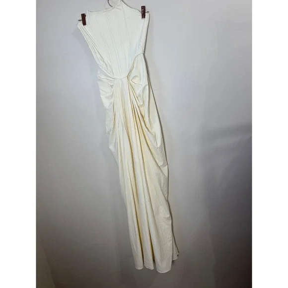 Cream Ruched Draped Strapless Gown Elegant Evening Formal Dress